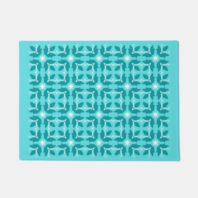 Chic Turquoise Tile Flowers Pattern Small Door Mat (Front)