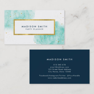 Chic Turquoise Watercolor Faux Gold Business Card