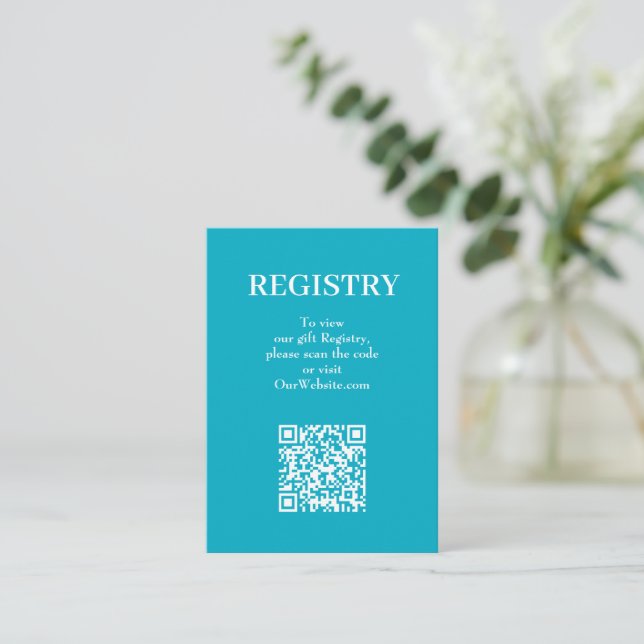 Chic Turquoise Wedding Registry QR Code Enclosure Card (Standing Front)