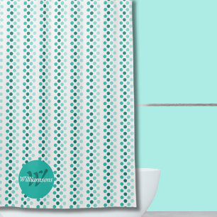 Chic Turquoise White Teal Dots Monogram Name Shower Curtain