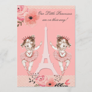 Chic Twin Ballerinas Floral Paris Baby Shower Invitation