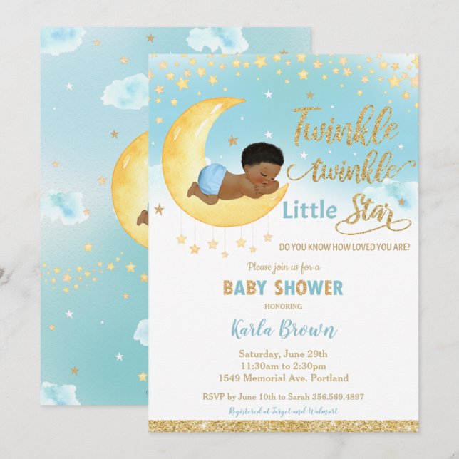 Chic Twinkle Little Star African Baby Shower Boy  Invitation (Front/Back)