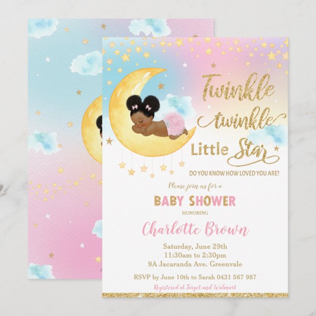 Chic Twinkle Little Star African Girl Baby Shower  Invitation (Front/Back)