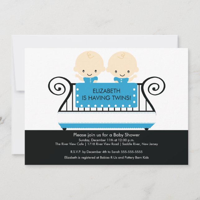 Chic Twins in Crib Baby Shower Invitation Boy Blue (Front)