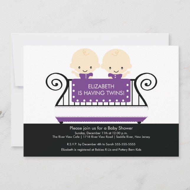 Chic Twins in Crib Baby Shower Invitation Purple (Front)