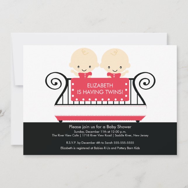Chic Twins in Crib Baby Shower Invitation RED (Front)