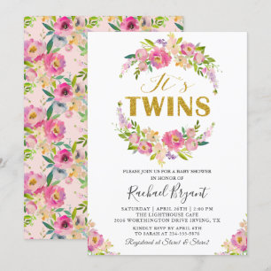 Chic Twins Pink Floral Baby Shower Invitation