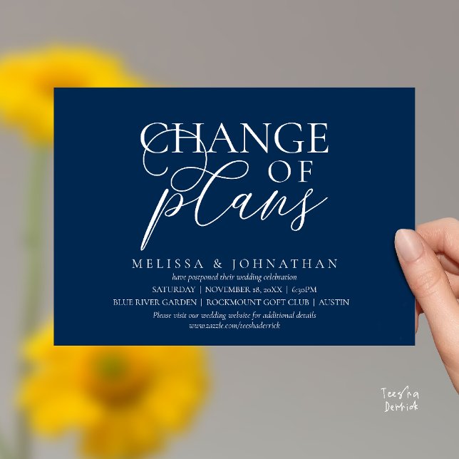 Chic Typographic Wedding Postpone Change of plans Invitation (Chic Typographic Wedding Postponement Change of plans Date Changed Invitation Card in Navy Blue)