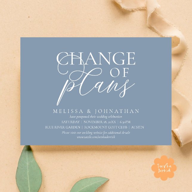 Chic Typographic Wedding Postpone Change of plans Invitation (Chic Typographic Wedding Postponement Change of plans Date Changed Invitation Card in Dusty Blue)