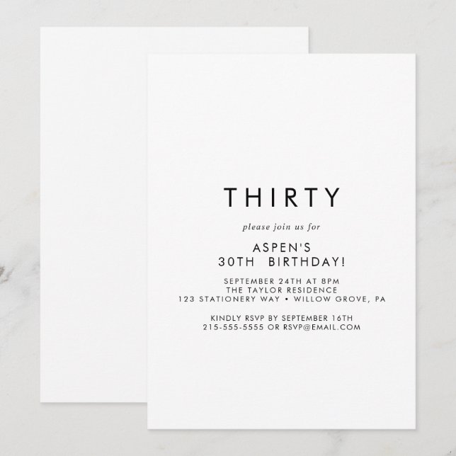 Chic Typography 30th Birthday Party Invitation (Front/Back)