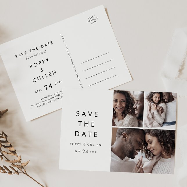 Chic Typography 3 Photo Collage Save the Date Invitation Postcard (Creator Uploaded)
