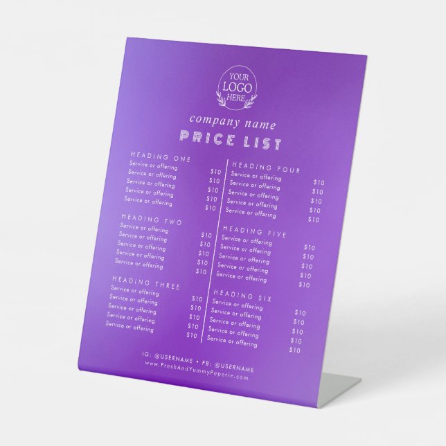 Chic Typography Business Services Price List Pedestal Sign (Front)
