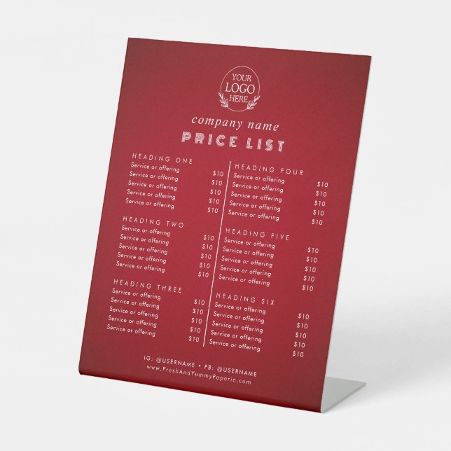 Chic Typography Business Services Price List Pedestal Sign (Front)