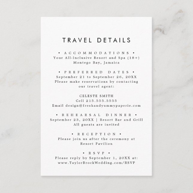 Chic Typography Destination Wedding Travel Details Enclosure Card (Front)