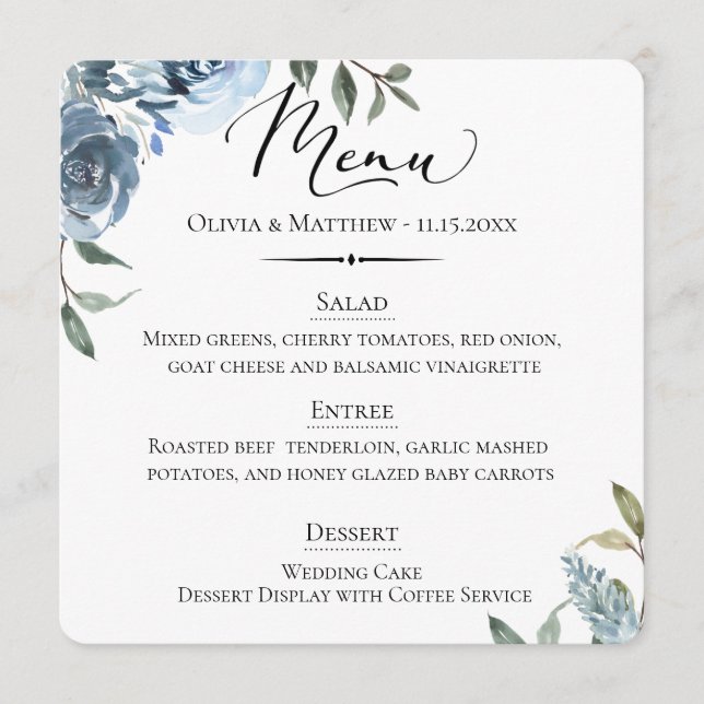 Chic Typography Dusty Blue Botanical Wedding Menu (Front)