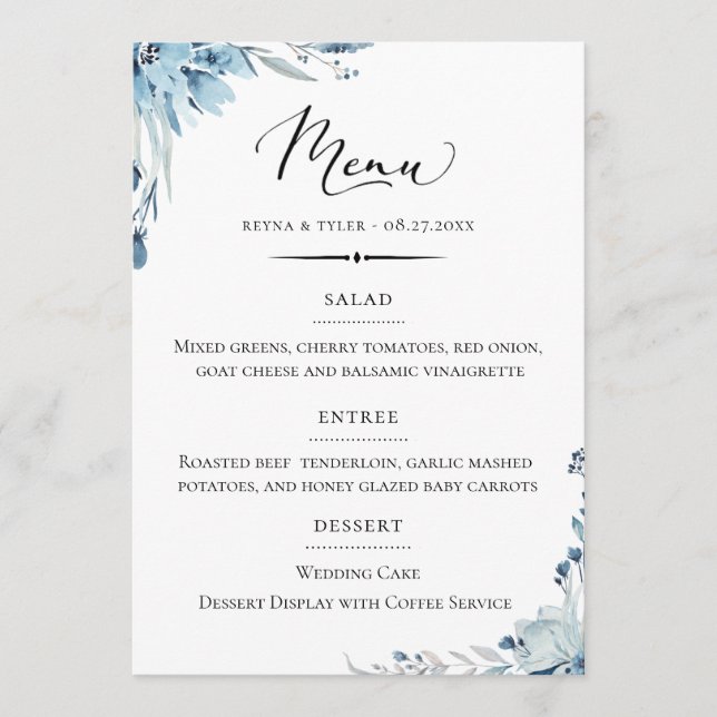 Chic Typography Dusty Blue Floral Wedding Menu (Front)