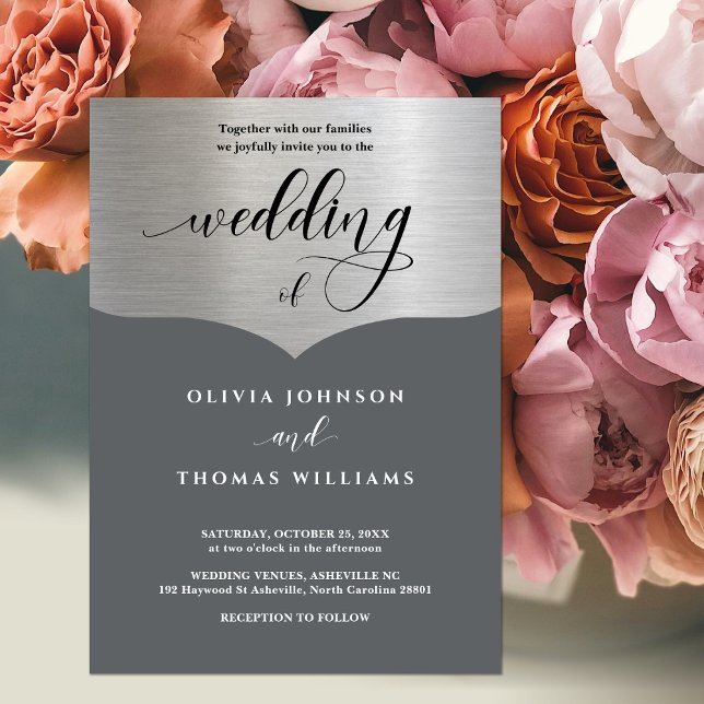 Chic Typography Grey Metallic Silver Wedding Invitation (Creator Uploaded)