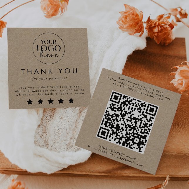 Chic Typography Kraft Logo QR Code Leave A Review Square Business Card (Creator Uploaded)