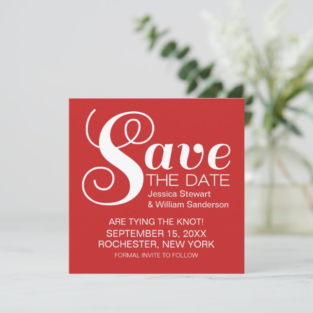 Chic Typography Save the Date Invite, Red (Standing Front)