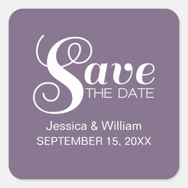 Chic Typography Save the Date Stickers, Purple Square Sticker (Front)