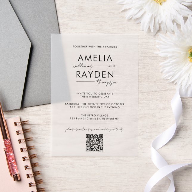 Chic Typography Script Photo QR Code Wedding Vellum Invitations (Wedding)