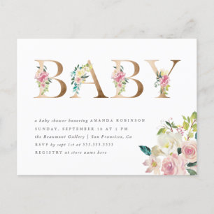 Chic Typography Watercolor Floral Gold Baby Shower Invitation Postcard