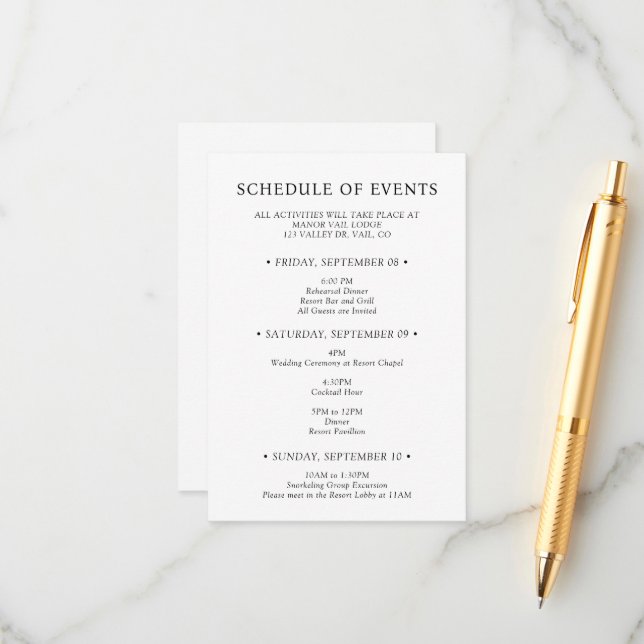 Chic Typography Wedding Weekend Schedule of Events Enclosure Card (Front/Back In Situ)