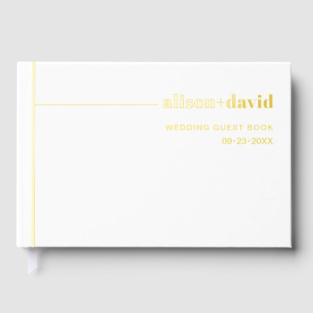 Chic typography white minimalist foil wedding guest book (Front)