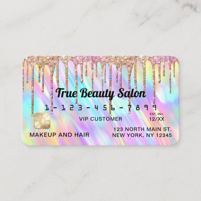 Chic Unicorn Holographic Glitter Drips Credit Business Card (Front)