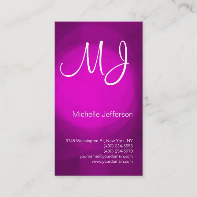Chic Unique Monogram Pink Purple Business Card (Front)