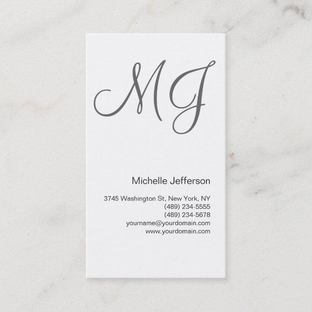Chic Unique Monogram White Grey Business Card (Front)