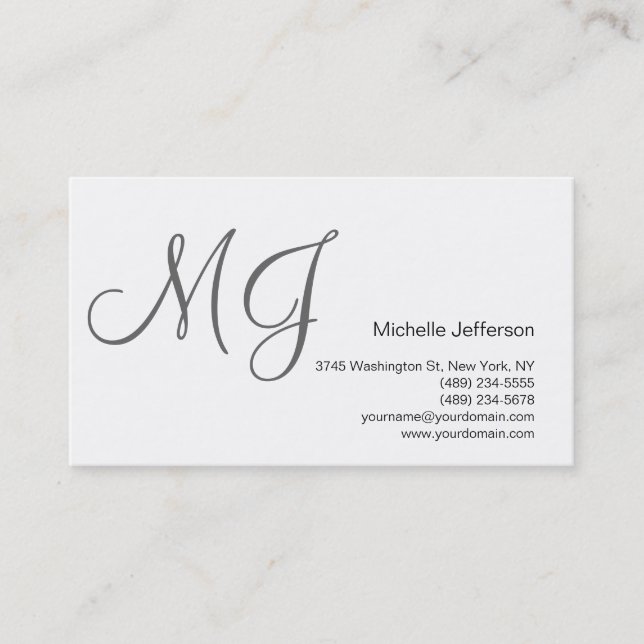 Chic Unique Monogram White Grey Business Card (Front)