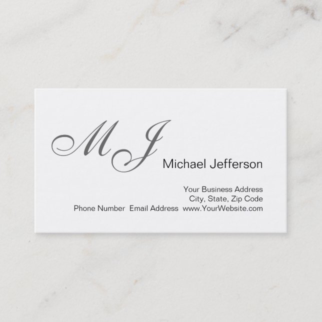Chic Unique Monogram White Grey Business Card (Front)