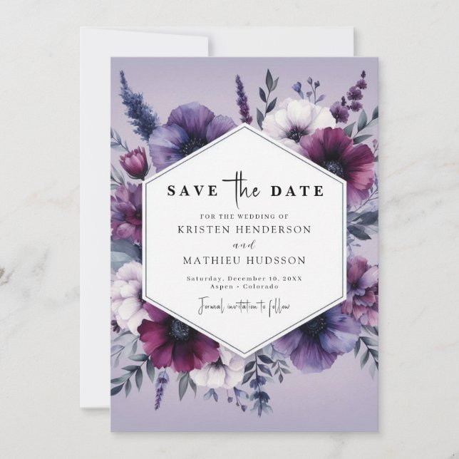 Chic Unique Purple Floral Wedding Save The Date (Front)