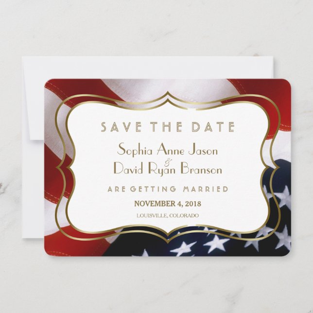 Chic USA flag Gold  Wedding Save The Date (Front)