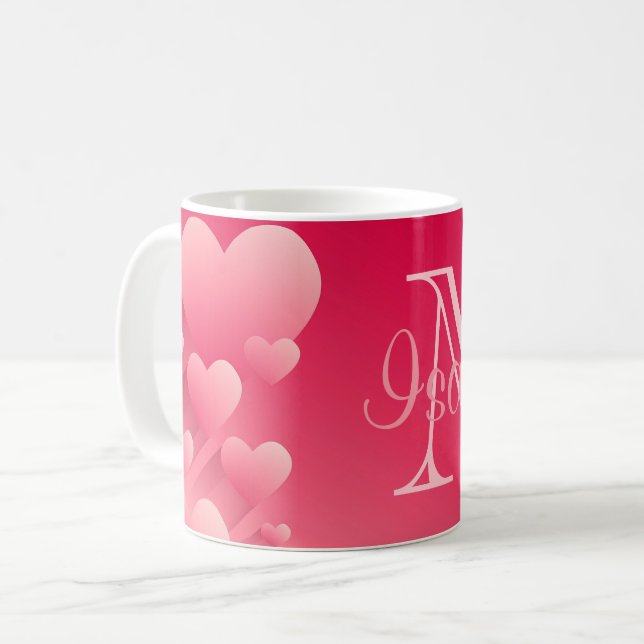 Chic Valentine Pink Hearts Red Name Monogram Mug (Front Left)