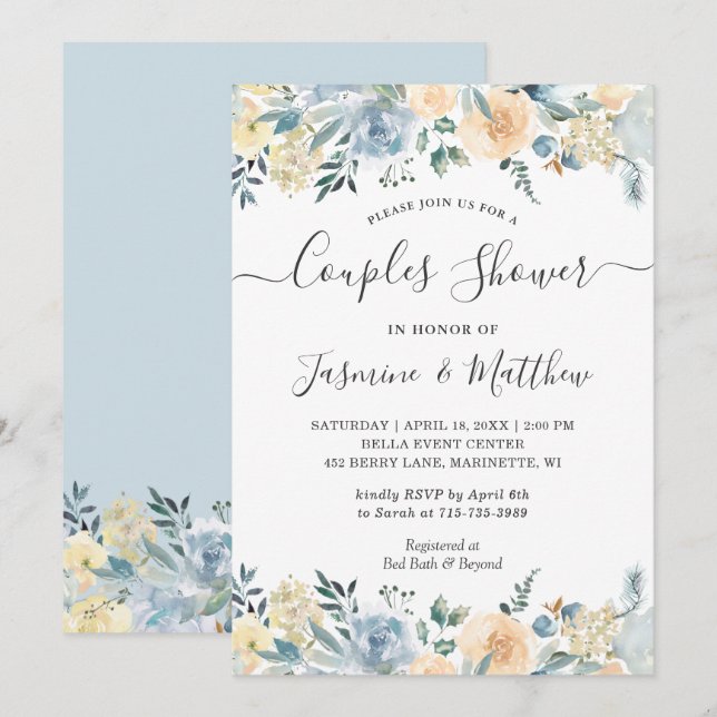 Chic Vanilla Blue Floral Wedding Couples Shower Invitation (Front/Back)