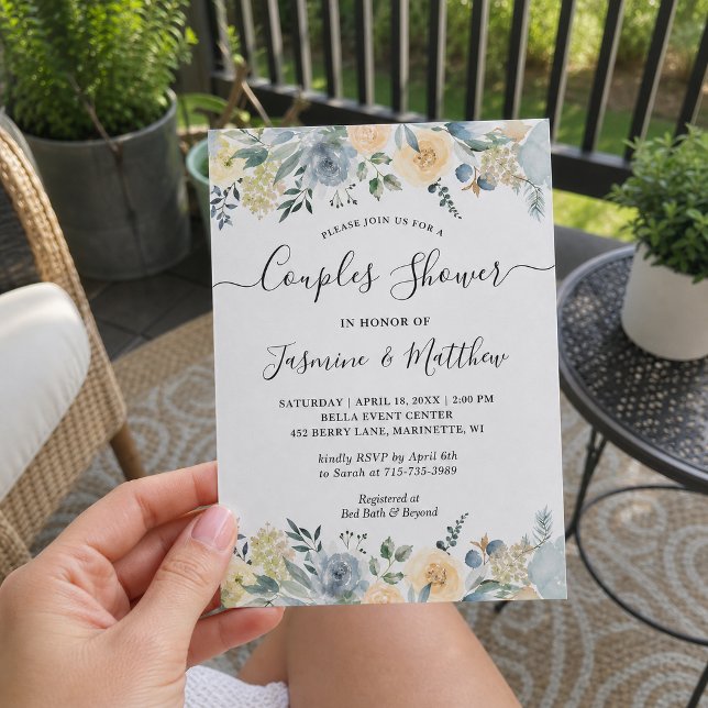 Chic Vanilla Blue Floral Wedding Couples Shower Invitation (Creator Uploaded)