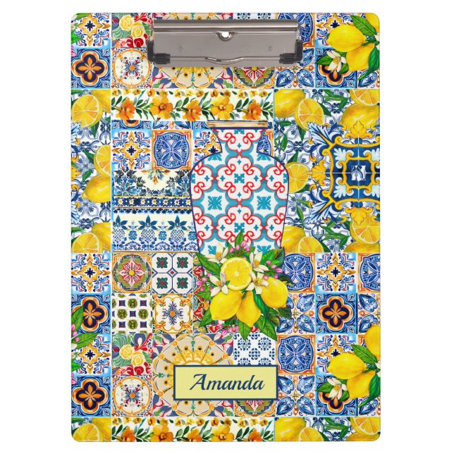 Chic Vase Mediterranean orange tiles monogram Clipboard (Front)