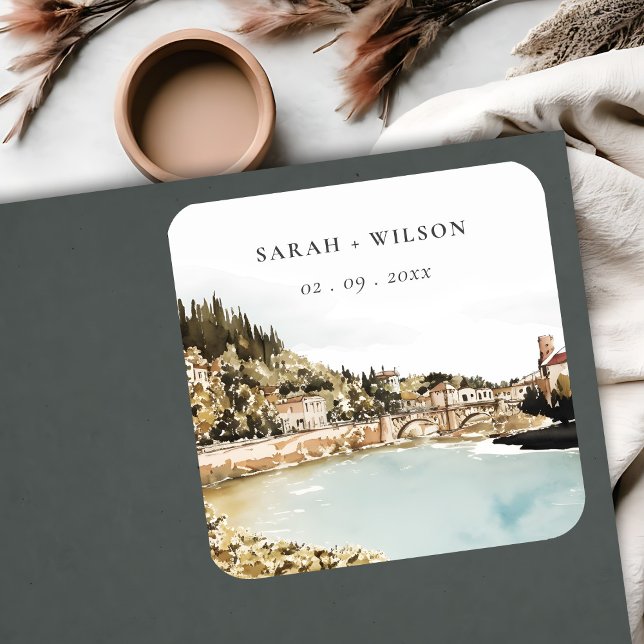 Chic Verona Adige River Italy Watercolor Wedding Square Sticker (Creator Uploaded)