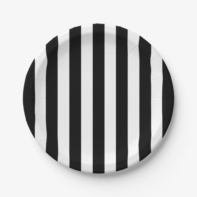 Chic Vertical Stripes Black And White Striped  Paper Plate (Front)