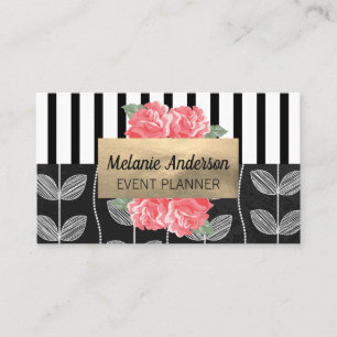 Chic Vertical Stripes Flower Chalk Doodle Business Card