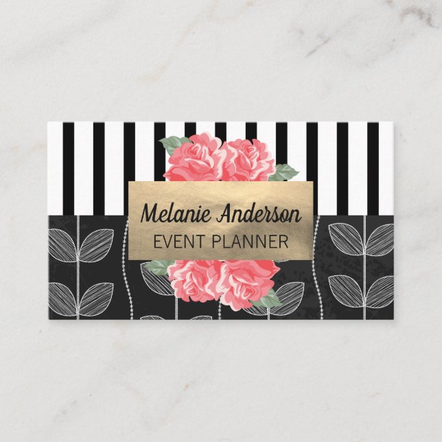 Chic Vertical Stripes | Flower Chalk Doodle Business Card (Front)