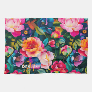 Chic vibrant roses pattern monogram name tea towel