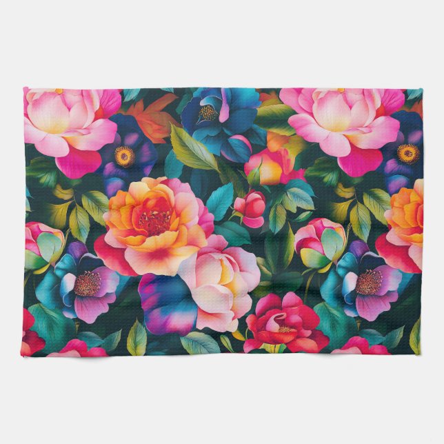 Chic vibrant roses pattern  tea towel (Horizontal)