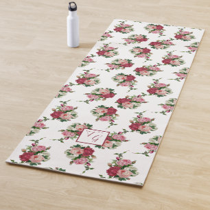 Chic Victorian Roses w/Monogram - White Background Yoga Mat