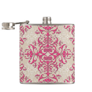 Chic Victorian Style Floral Damask Pattern Pink Hip Flask