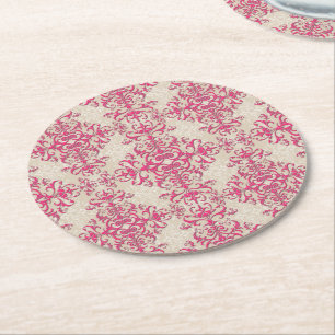 Chic Victorian Style Floral Damask Pattern Pink Round Paper Coaster