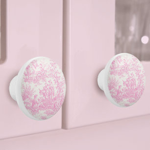 Chic Vintage Baby Pink French Toile de Jouy Ceramic Knob
