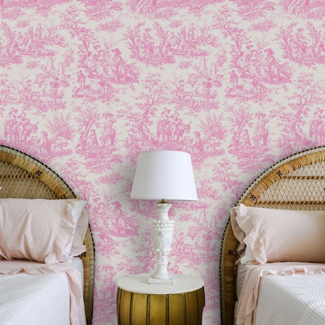 Chic vintage baby pink toile de jouy printed wallpaper (Creator Uploaded)